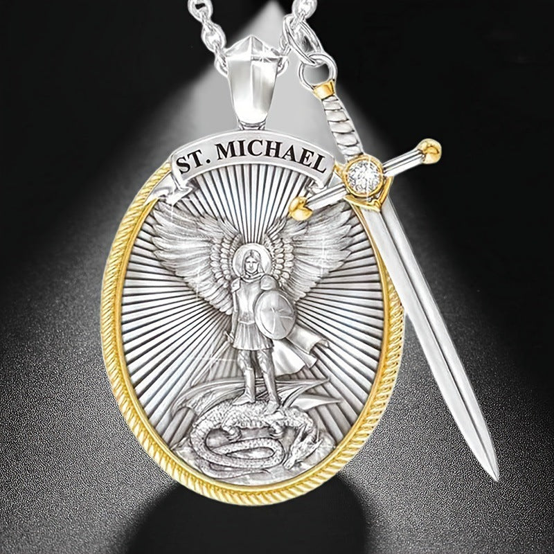 European Hip Hop Unisex Knight Cross Sword Saint Angel Michael Pendant Necklace